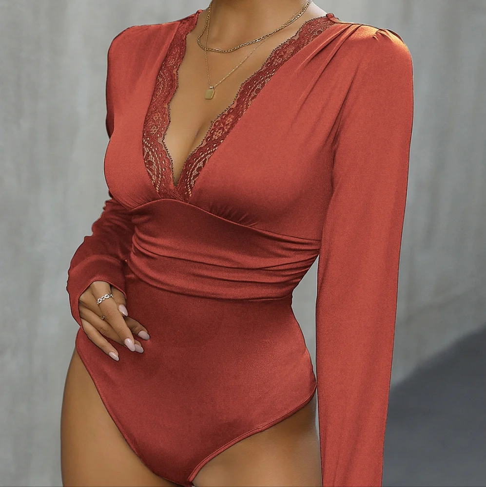 Green Lace Detail Long Sleeve Bodysuit - Picture 5 of 11